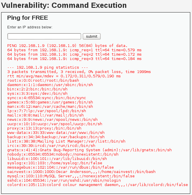 Sec24 hur hackar man DVWA penetrationstest command execution 3
